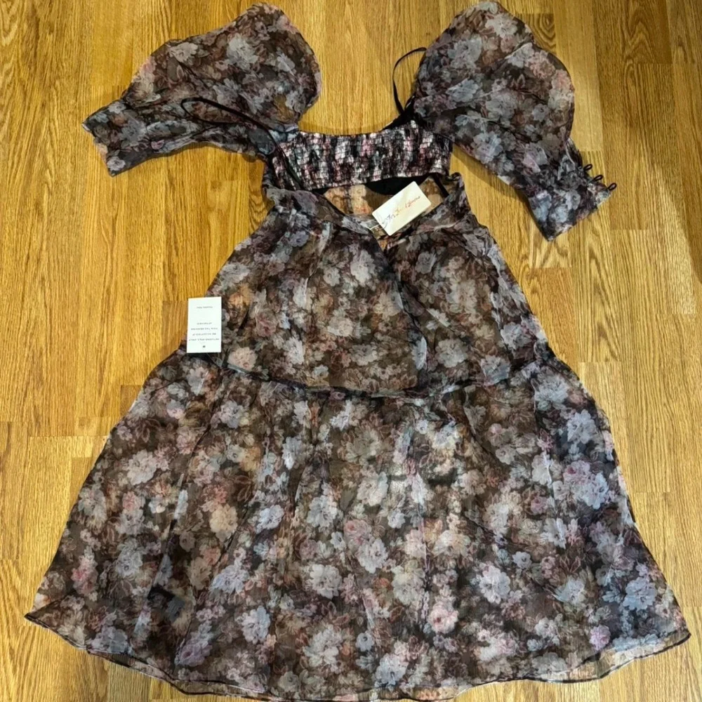 For Love & Lemons Floral Chiffon Dress with Puff Sleeves - Picture 5 of 6